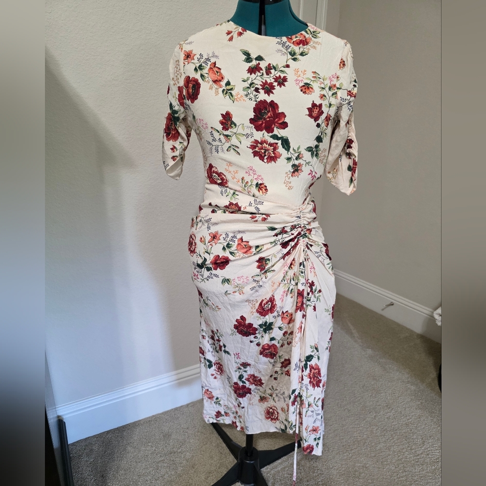 Maje Floral Cream Midi Dress with Ruched Side